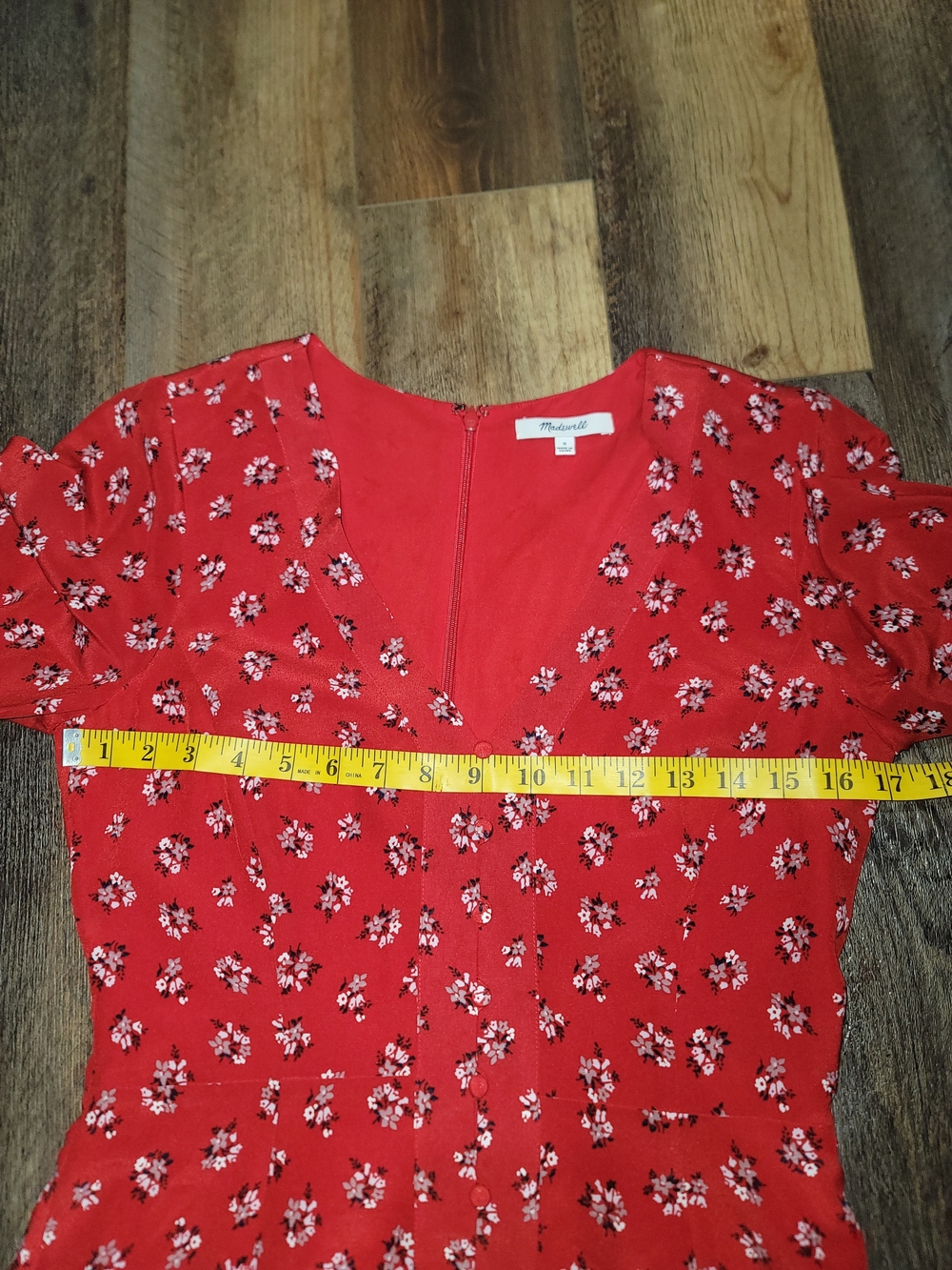 Madewell Red Floral V-Neck Mini Dress with Puff Sleeves - Picture 7 of 10